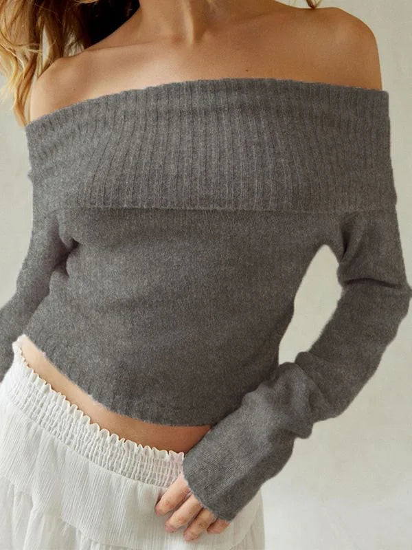 Women's Black Off-Shoulder Ribbed Knit Long Sleeve Slim Fit Casual Cropped Sweater