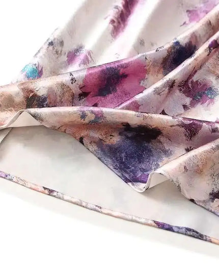 Women's High-Waisted Floral Print Satin-Like Long Skirt