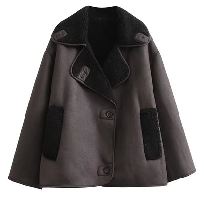 Women's Faux Fur Leather Jacket - Wool Blend Long Sleeve Warm Coat