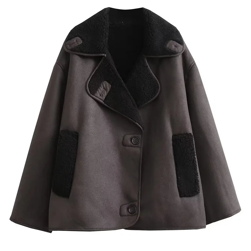 Women's Faux Fur Leather Jacket with Wool Blend Collar