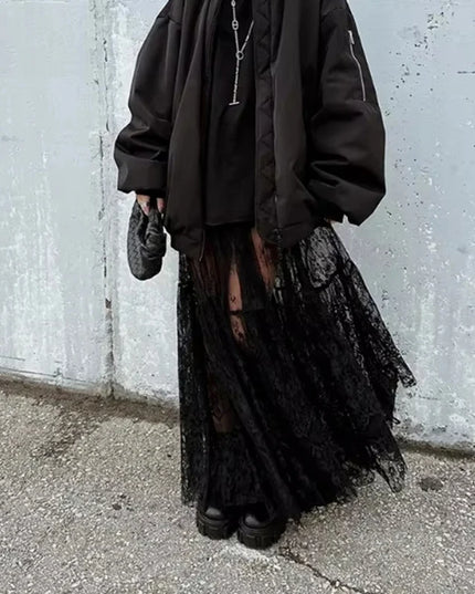 Chic Long Transparent Black Lace Skirt for Women