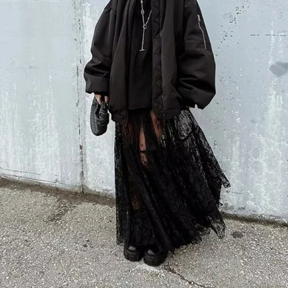 Chic Long Transparent Black Lace Skirt for Women