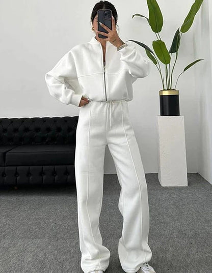 Women's Two-Piece Zipper Jacket and High-Waist Lace-Up Elastic Trousers Set