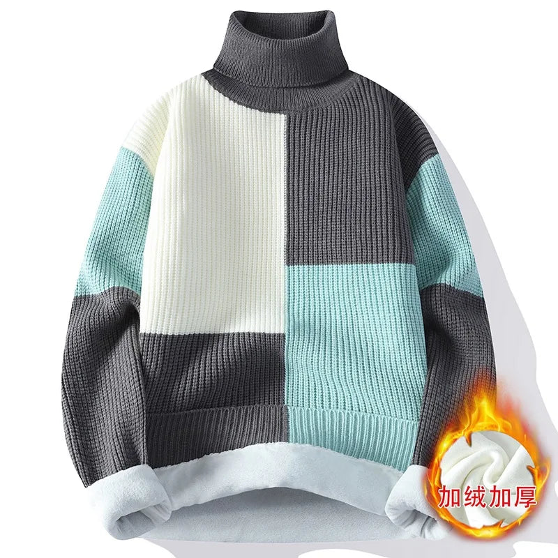 Men's Warm Fleece Turtleneck Sweater - Knitted, Loose Fit, Cozy Winter Pullover