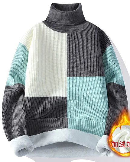 Men's Warm Fleece Turtleneck Sweater - Knitted, Loose Fit, Cozy Winter Pullover
