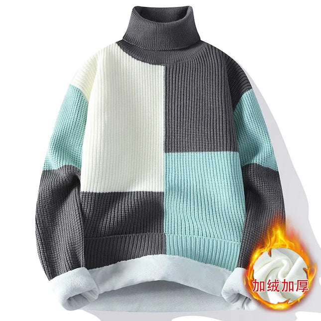 Men's Warm Fleece Turtleneck Sweater - Knitted, Loose Fit, Cozy Winter Pullover