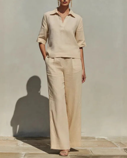 Women’s Two-Piece Set  V-Neck Short-Sleeve Sweater Top and High-Waisted Wide-Leg Pants