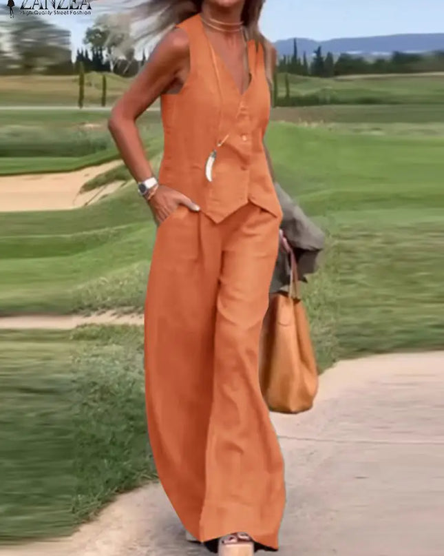 Womens Two Piece Sleeveless Vest Shirt and Trousers - Matching Set