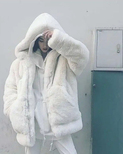 Women's Loose Plush Faux Fur Hooded Jacket