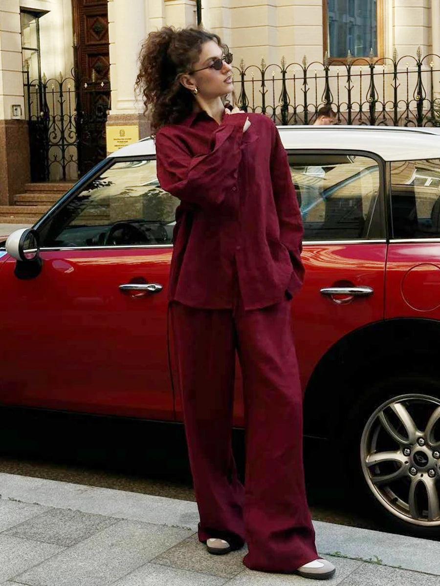 Women's Cotton 2-Piece Shirt and Pants Set with Drawstring