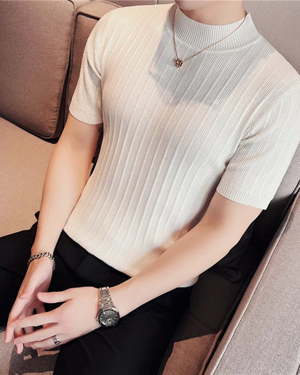 Men's Short Sleeve Slim Fit Knitted Elastic T-Shirt - Various Colors