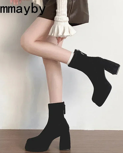 Ohmmayby Stylish Women’s Ankle Boots with Platform Square High Heels