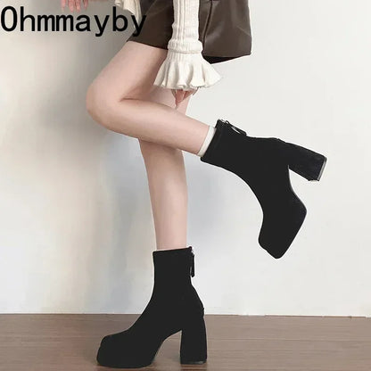 Ohmmayby Stylish Women’s Ankle Boots with Platform Square High Heels
