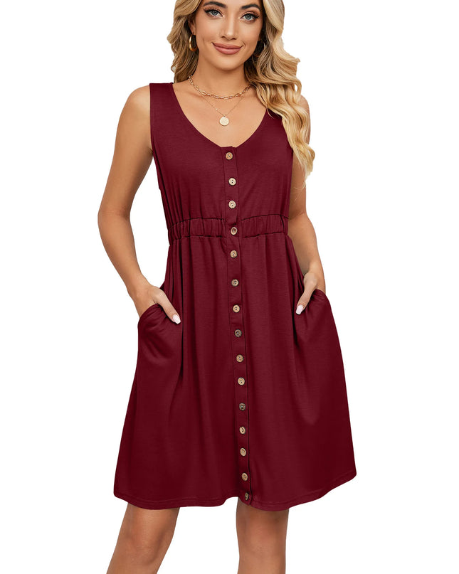 Women’s Sleeveless Button-Down Dress with Elastic Waist – Swing Style, Loose Fit