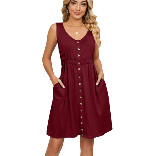 Women’s Sleeveless Button-Down Dress with Elastic Waist – Swing Style, Loose Fit