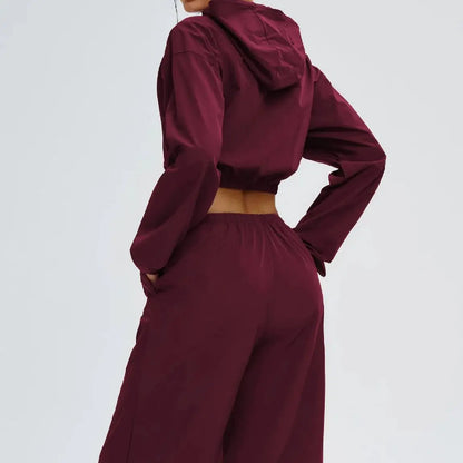 Women’s Two-Piece Set: Zipper Hooded Cropped Jacket and Wide-Leg Pants