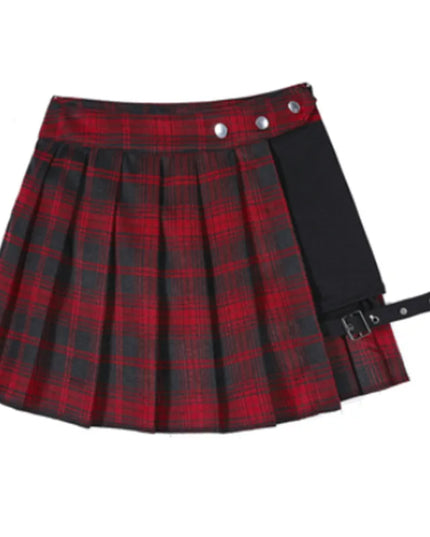 Pleated Gothic Half Skirts for Women - Asymmetrical Plaid High-Waisted
