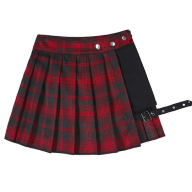 Pleated Gothic Half Skirts for Women - Asymmetrical Plaid High-Waisted