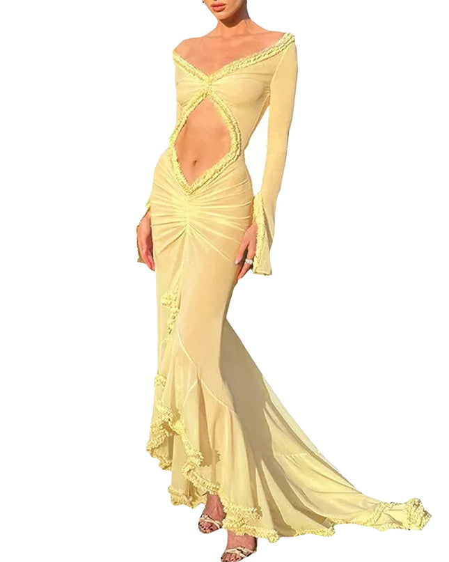 Women's Long Sleeve V-Neck Mesh Dress
