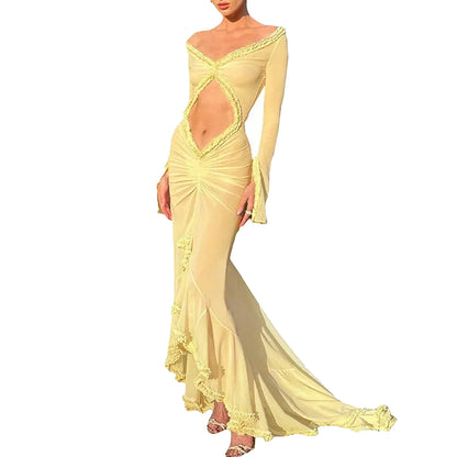 Women's Long Sleeve V-Neck Mesh Dress