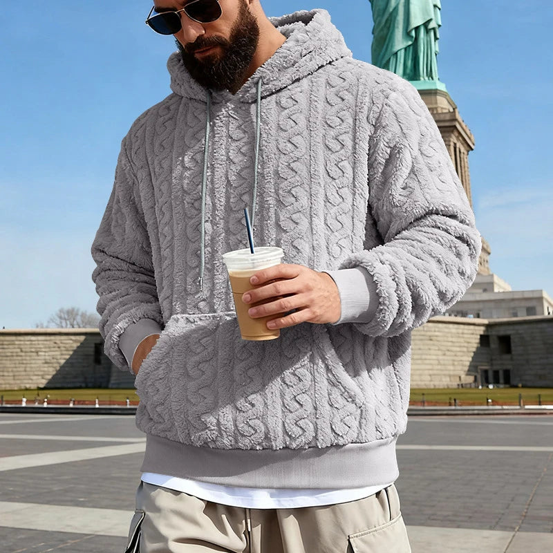 Men's Vintage Jacquard Textured Fleece Hoodie with Hood