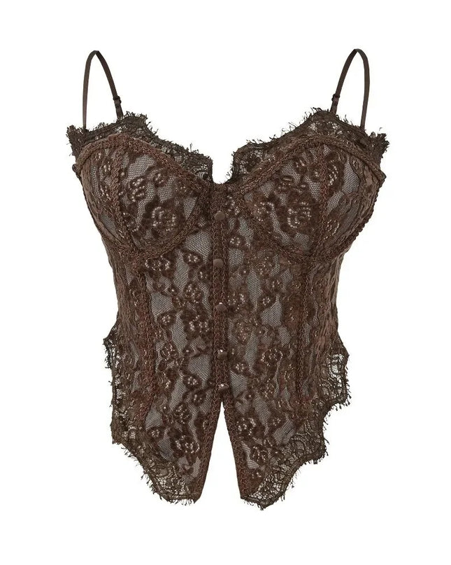 Women's Elegant Sheer Lace Camisole with Sleeveless Fishbone Design