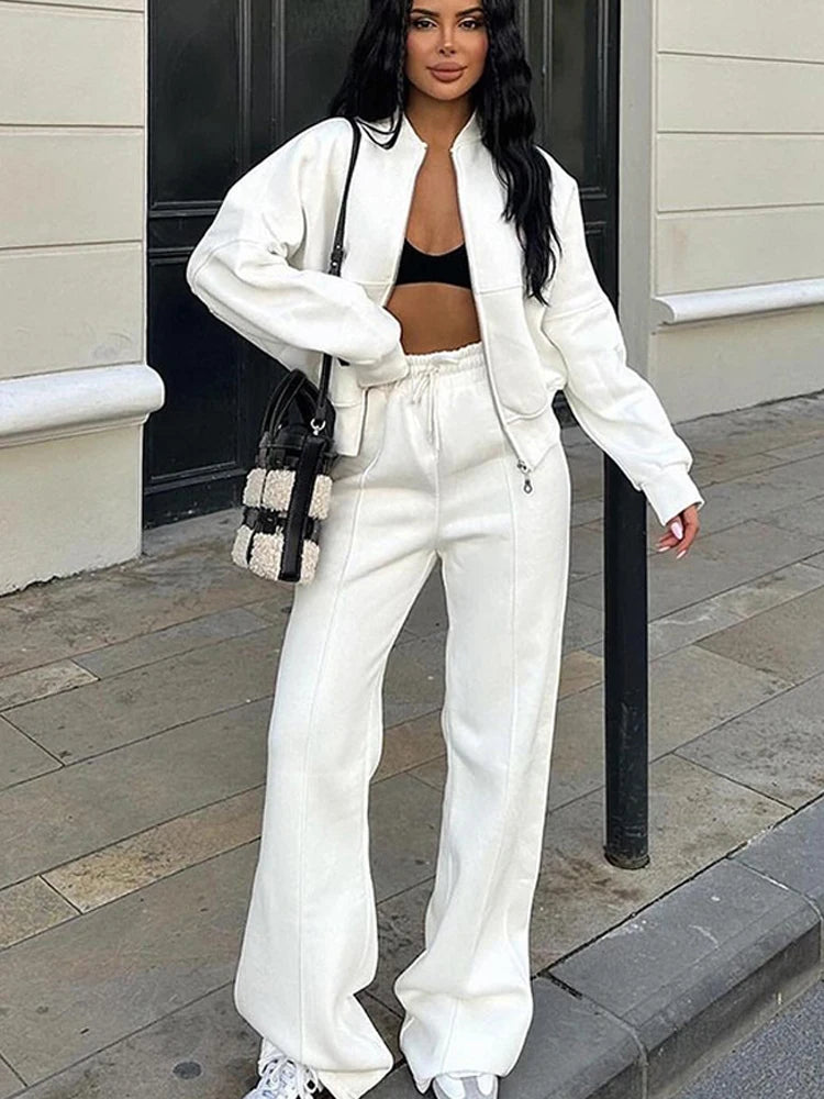 Women's Two-Piece Zipper Jacket and High-Waist Lace-Up Elastic Trousers Set