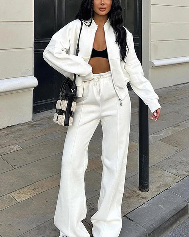 Women's Two-Piece Zipper Jacket and High-Waist Lace-Up Elastic Trousers Set