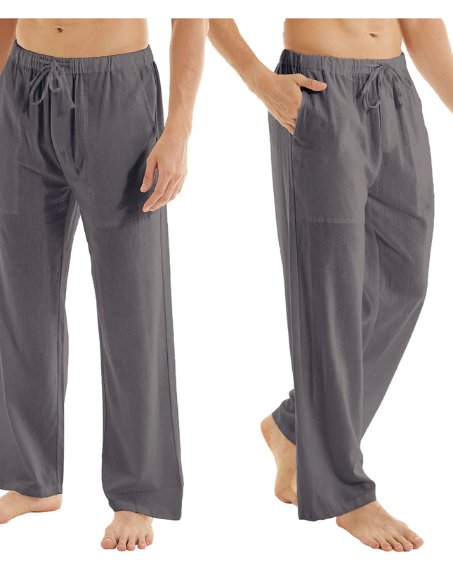 Men's Casual Linen Cotton  Pants Breathable Loos Elastic Waist