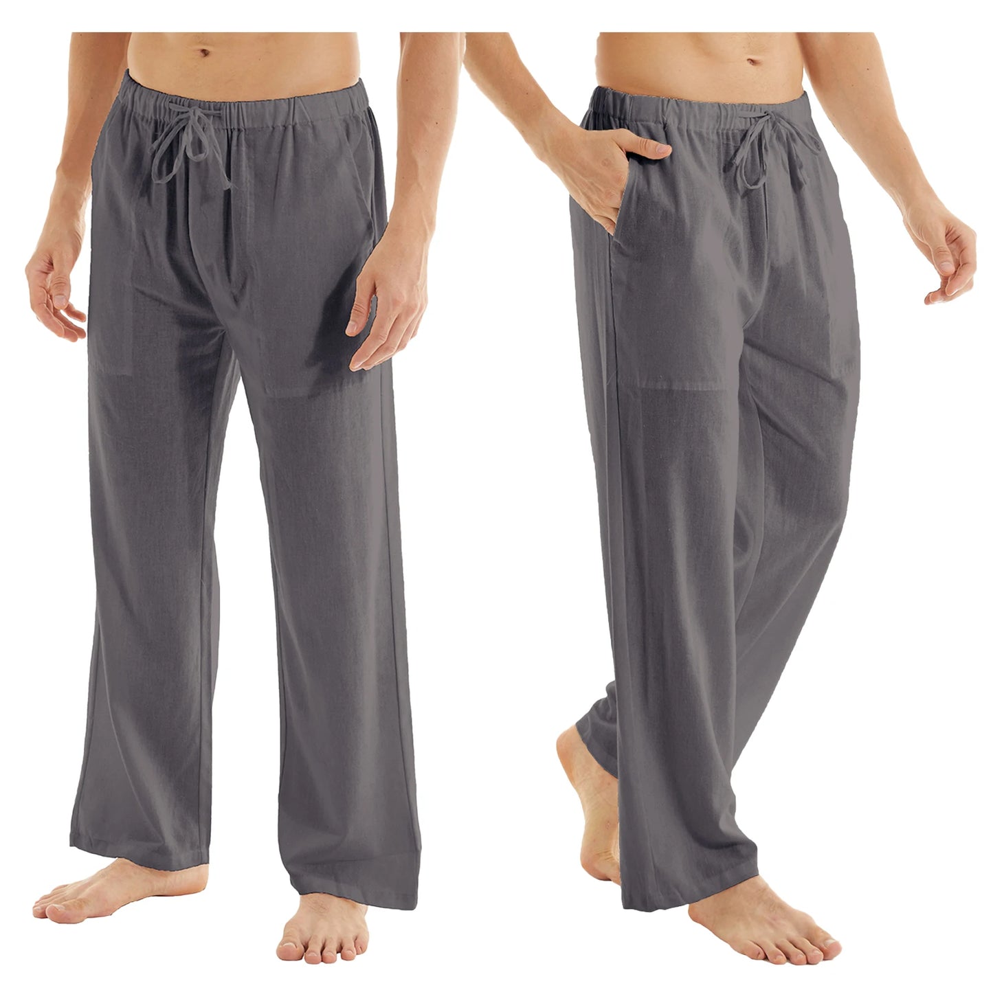 Men's Casual Linen Cotton  Pants Breathable Loos Elastic Waist