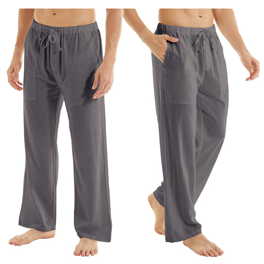Men's Casual Linen Cotton  Pants Breathable Loos Elastic Waist