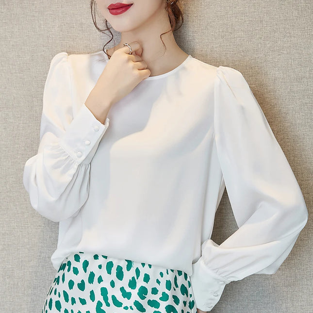 Women's Elegant Satin O-Neck Long Sleeve Blouse