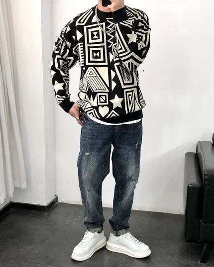 Men's Casual Printed Chao Pai All-Match O-Neck Sweater Tops
