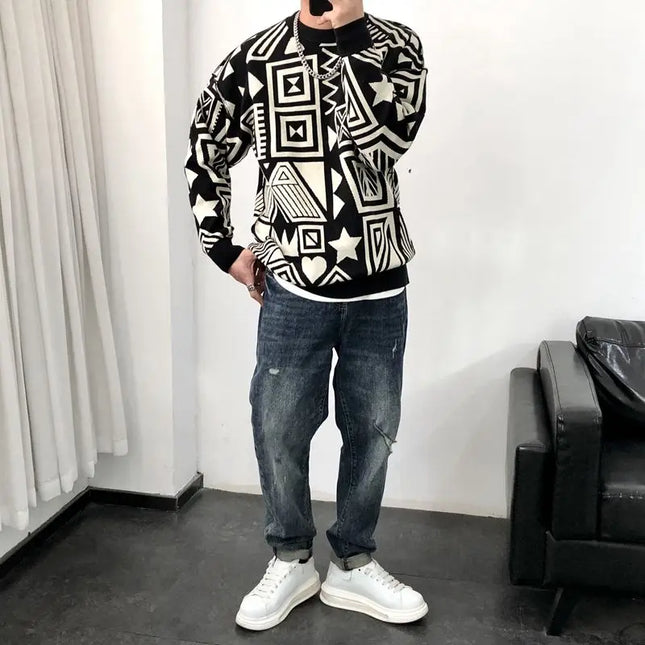Men's Casual Printed Chao Pai All-Match O-Neck Sweater Tops