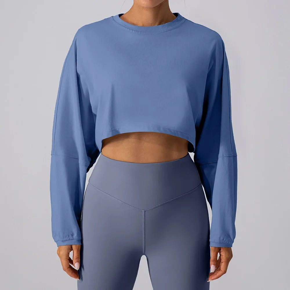 Women's Long Sleeve Sports Crop Top - Loose Fit Athletic Sweater