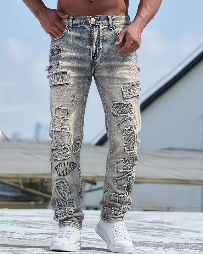Vintage-Inspired Men's Jeans with Frayed Hem Details
