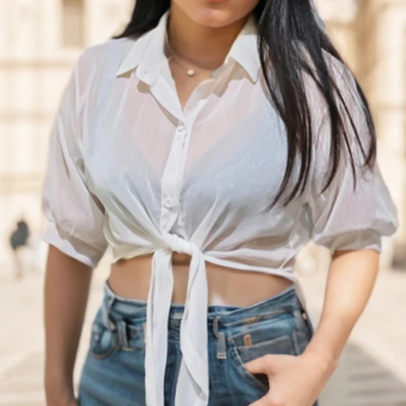 Women’s Casual Loose Tied Waist Half-Sleeve Blouse