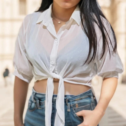 Women’s Casual Loose Tied Waist Half-Sleeve Blouse