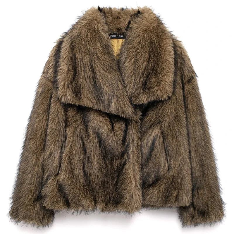 Women’s Plush Faux Fur Crop Jacket - Long Sleeve Stylish Coat