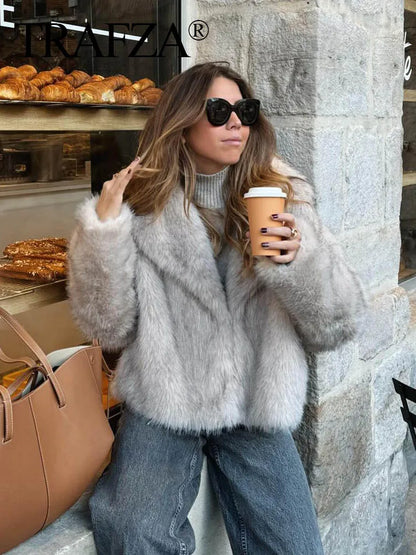 Women's Faux Fur Jacket with Lapel Collar - Thick & Warm Outerwear by TRAFZA