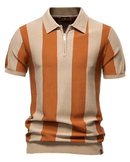 Men's Breathable Striped Polo Shirt - Casual Knit T-Shirt with Zipper Closure