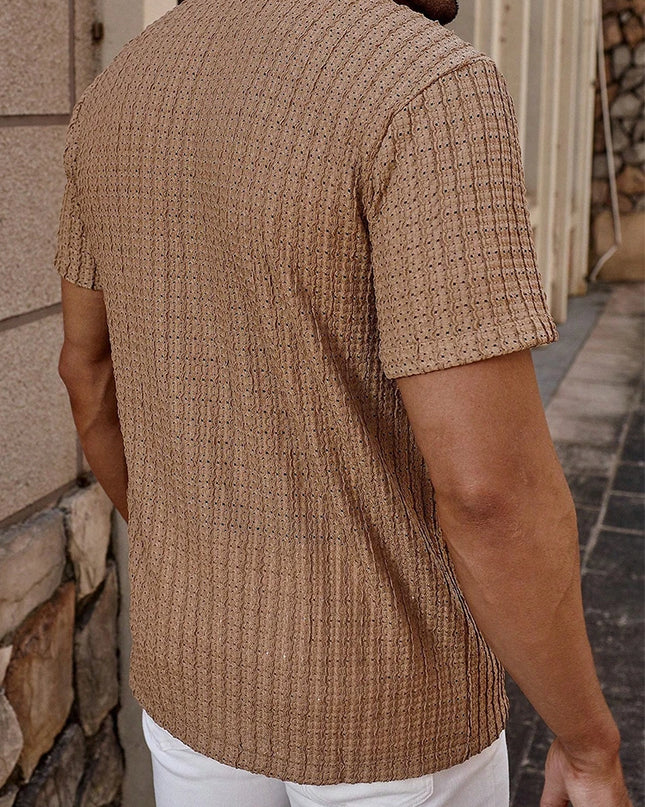 Men's Crochet Casual Short Sleeve Knit Button-Up Shirt