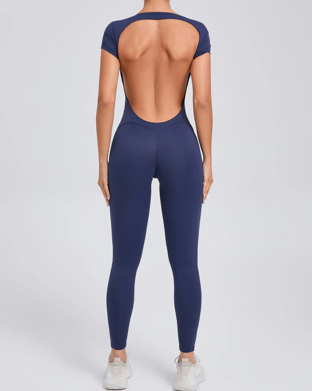 Women's Padded Short Sleeve One-Piece Jumpsuit - Quick-Dry, Backless Sports Suit for Active Fitness