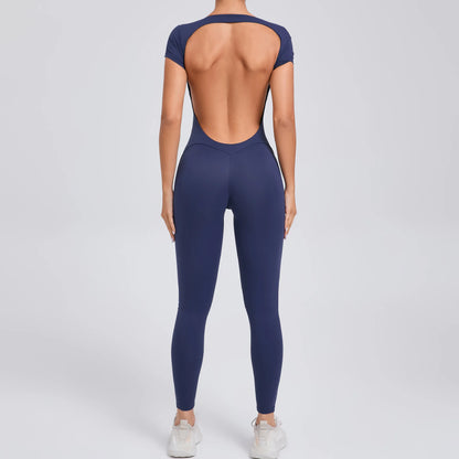 Women's Padded Short Sleeve One-Piece Jumpsuit - Quick-Dry, Backless Sports Suit for Active Fitness