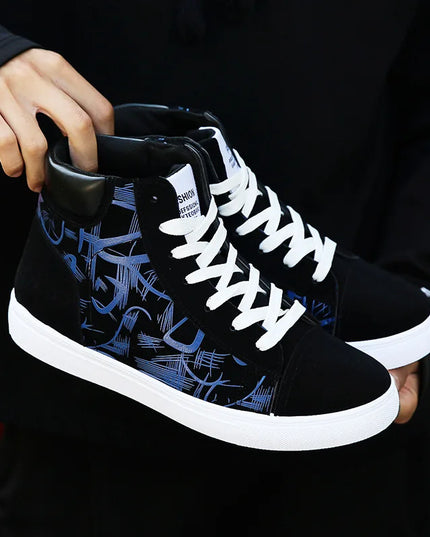 Men's Lace-Up High-Top Canvas Sneakers with Vulcanized Sole