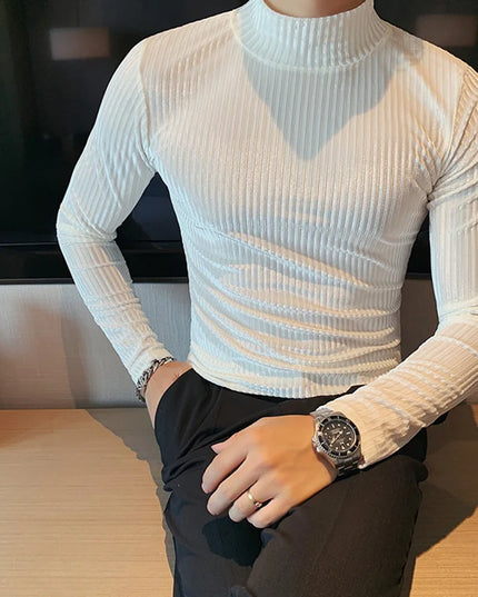 Men's Slim Fit Long Sleeve Stripe Sweater with Half Turtleneck