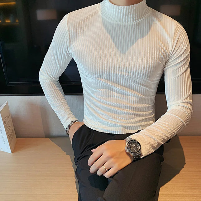 Men's Slim Fit Long Sleeve Stripe Sweater with Half Turtleneck