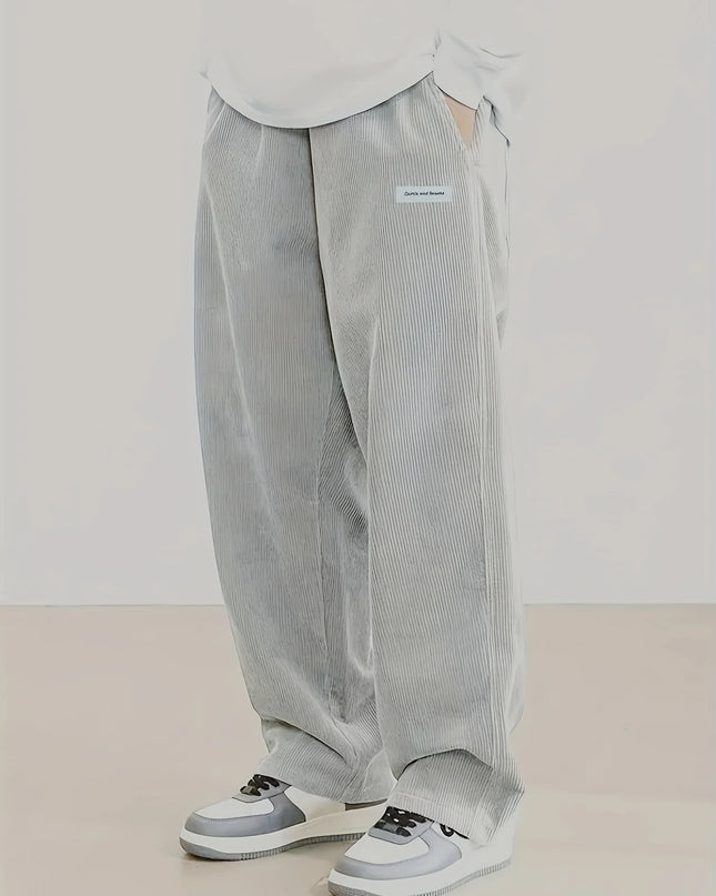 Men's Loose Fit Corduroy Casual Pants with Elastic Waist and Drawstring