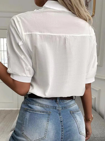Women's V-Neck Embroidered Cotton Blouse with Lantern Sleeves