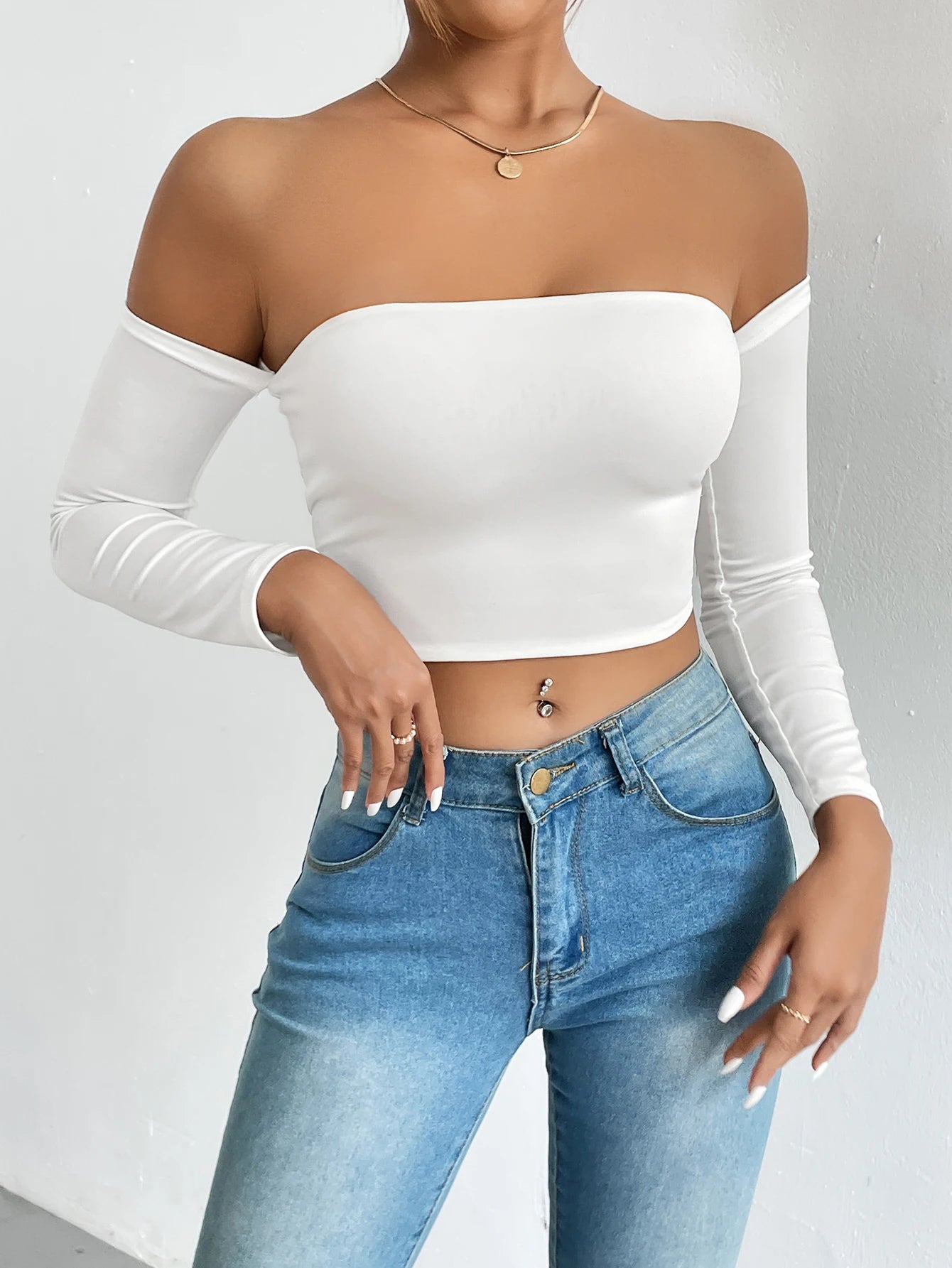 Women's Casual Long Sleeve Off-Shoulder Crop Top